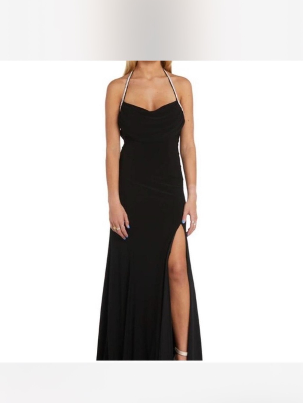 Morgan & Co. Black Halter Gown with High Slit